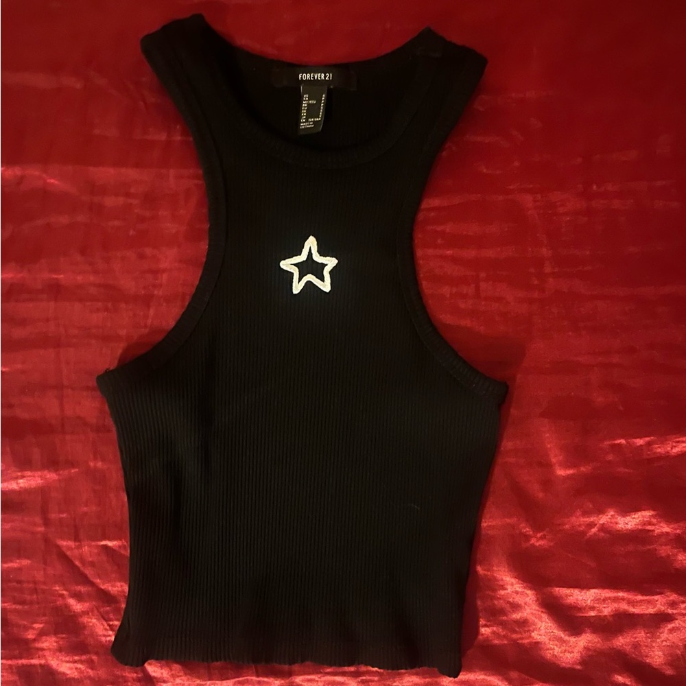 Forever21 Black Star Embroidered Tank Top